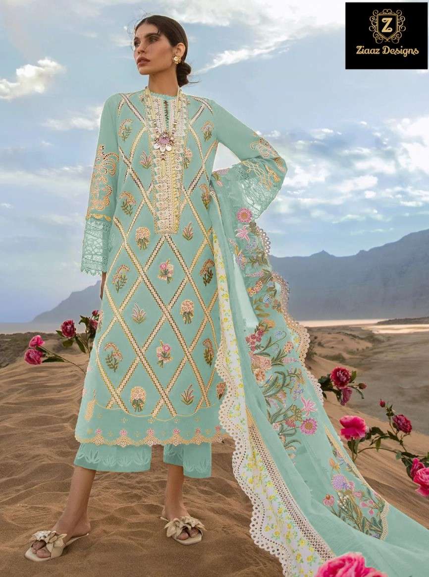 ZIAAZ 319 CAMBRIC COTTON EMBROIDERD SEMI STITCHED SALWAR KAM...