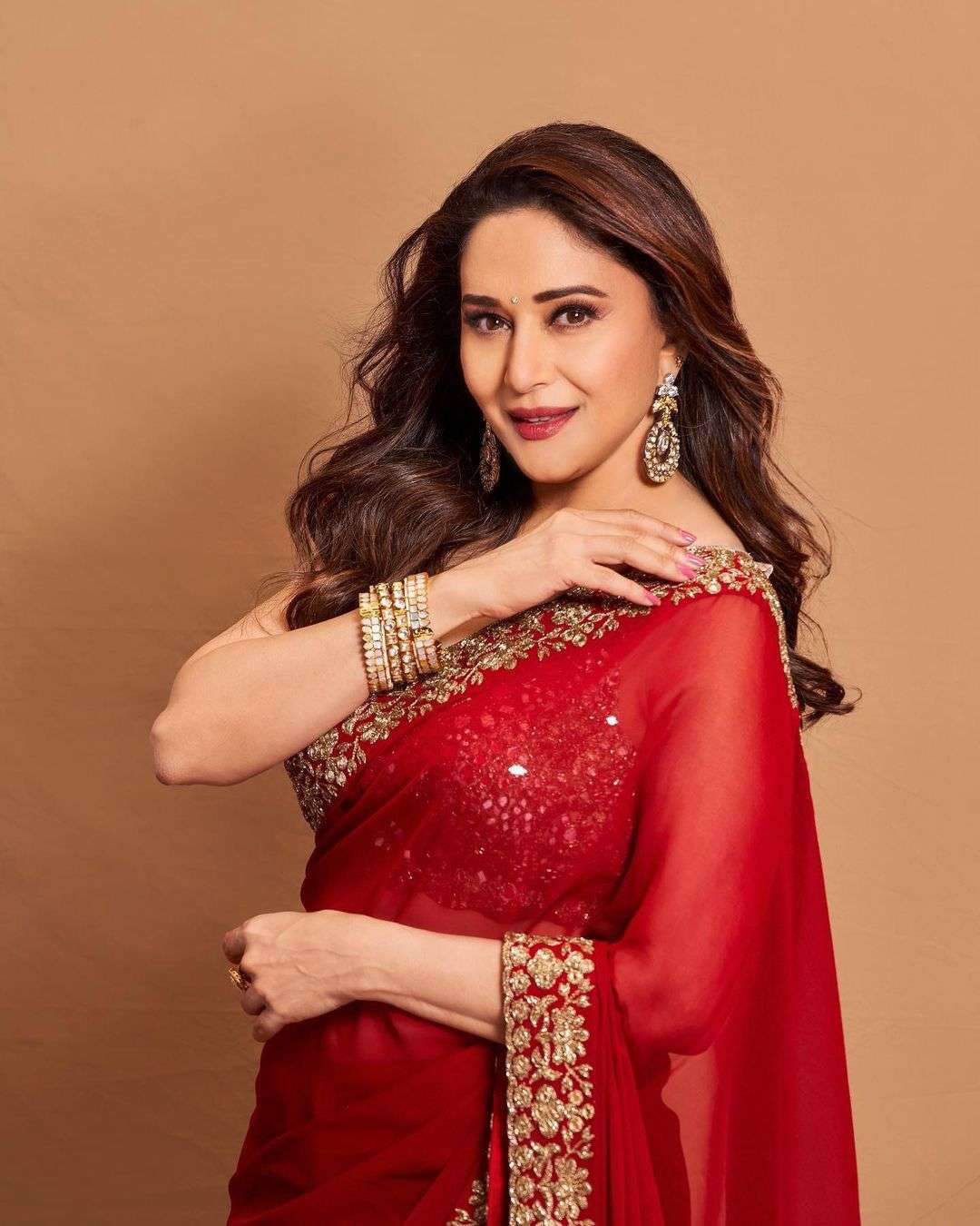 Bollywood Beautiful Actress Madhuri Dixit Red Colour Georget...