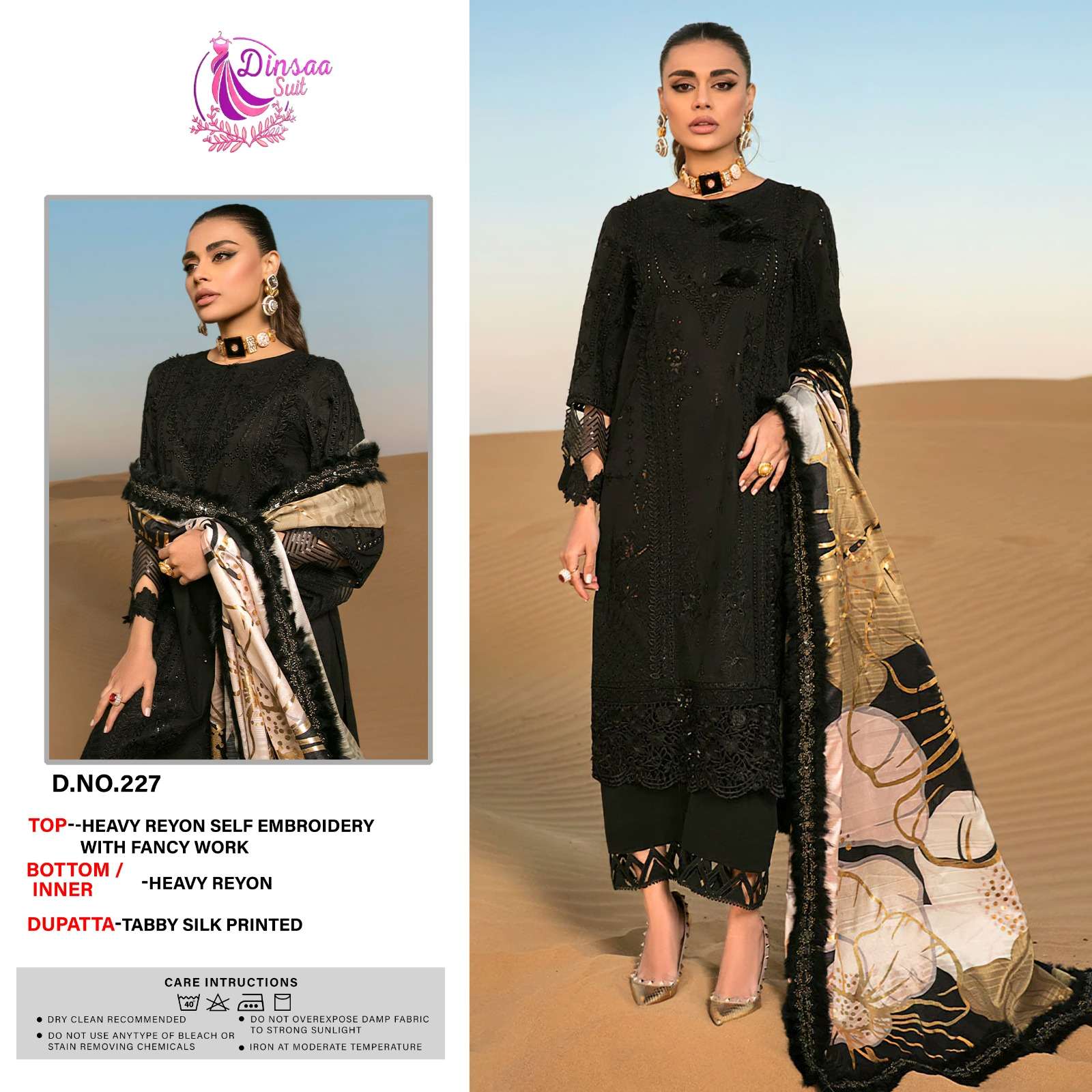 Dinsaa D no 227 Rayon with Self Embroidery work Black color ...