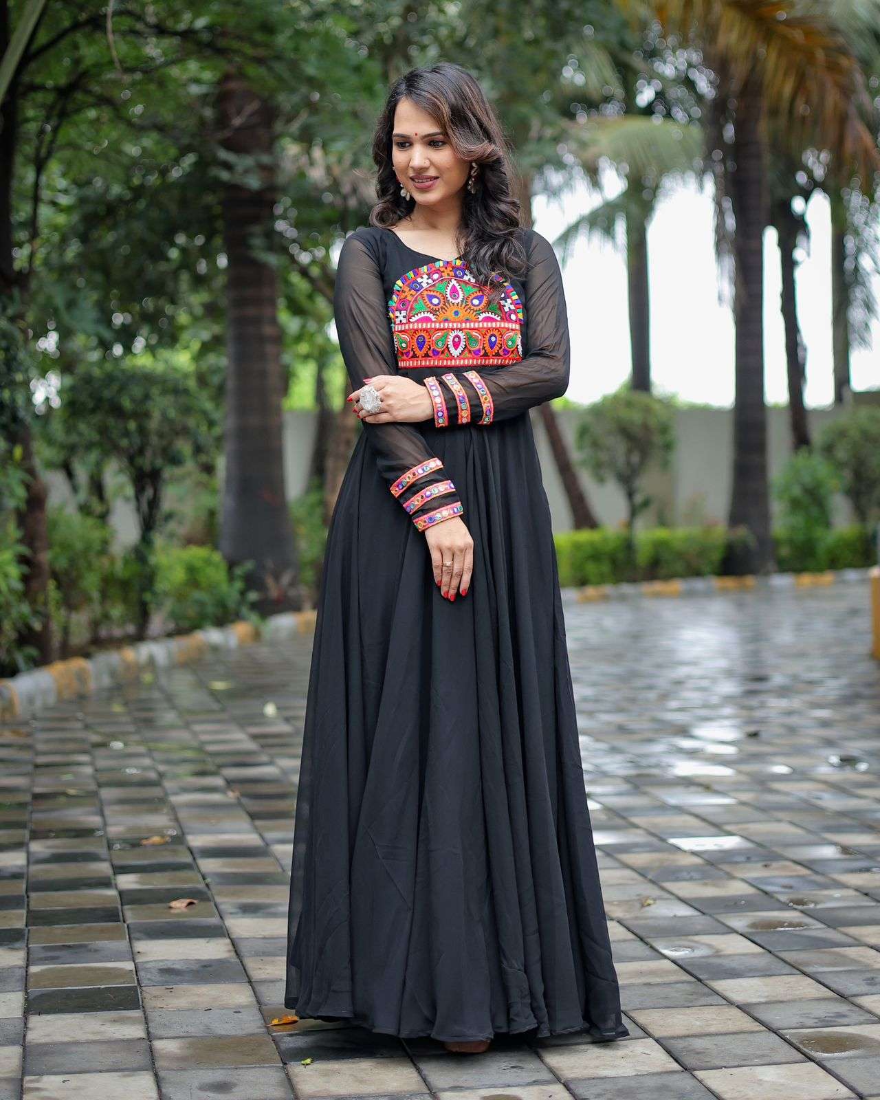 Georgette with Traditional Handwork black color Long Gown co...