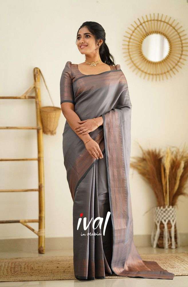Grey color soft banarasi silk with weaving design saree coll...