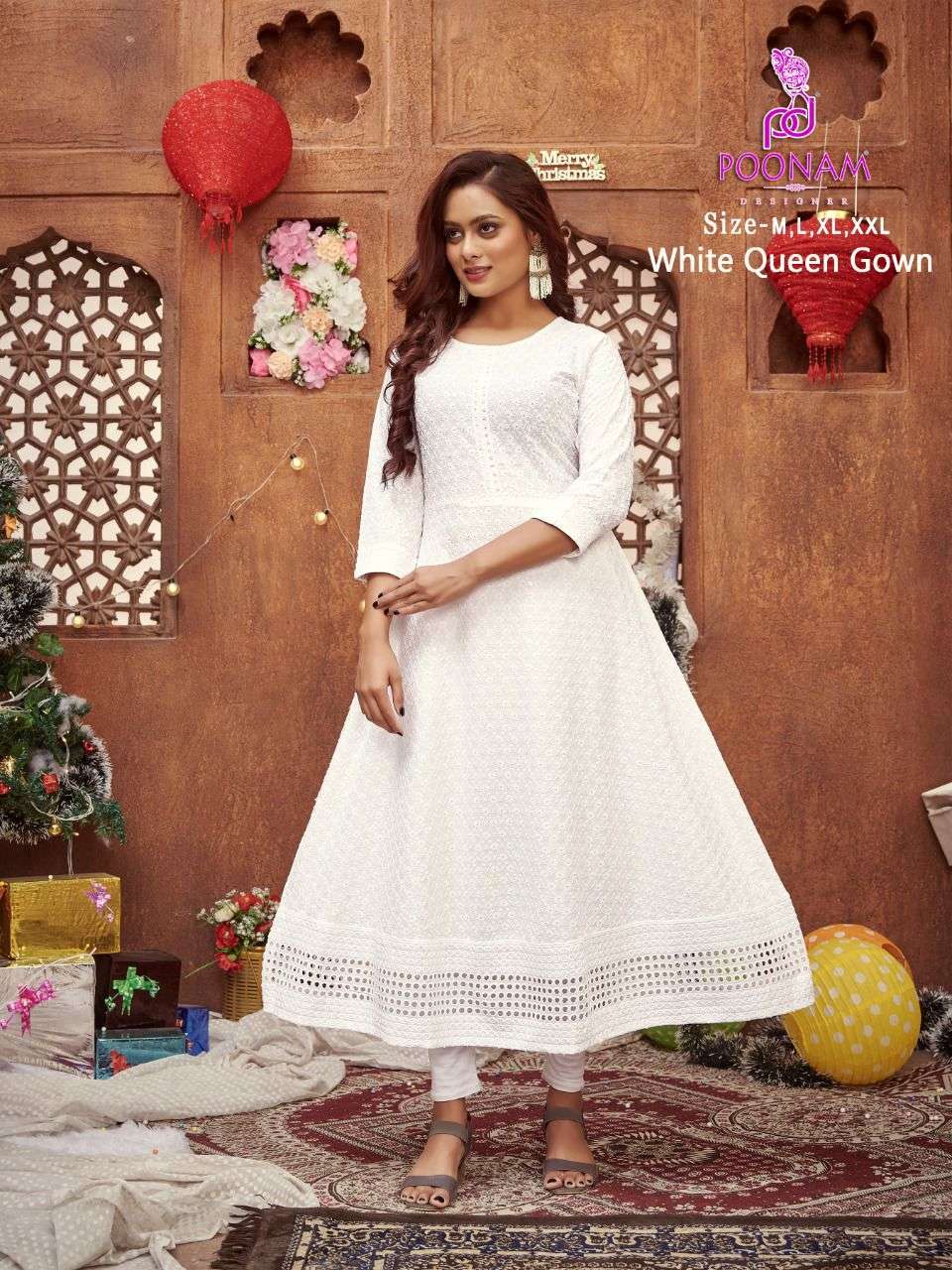 Poonam Designer White Queen Rayon with Chikan Work Gown Styl...