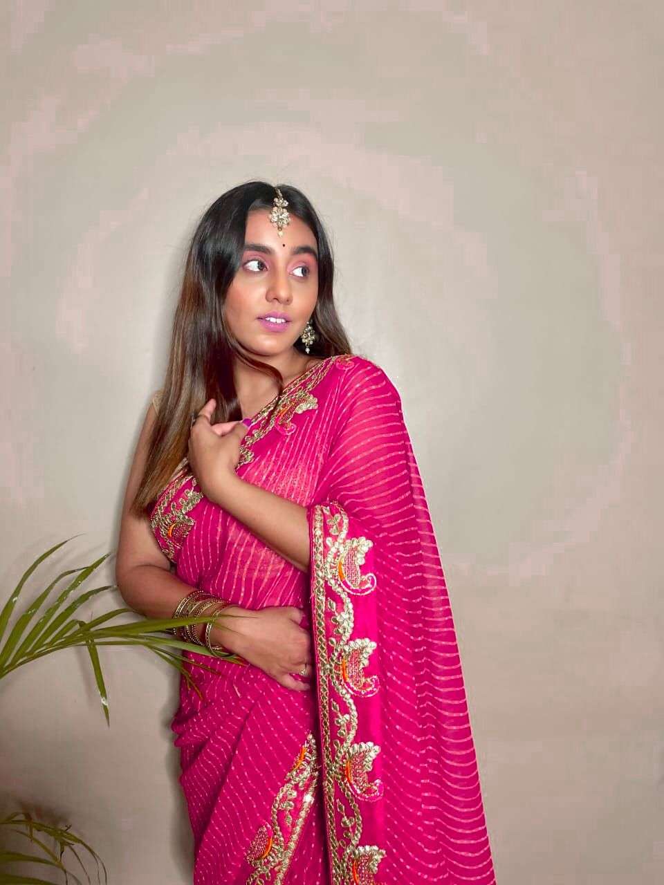 Rani Pink Color Georgette with Laheriya Design Gota Patti Bo...