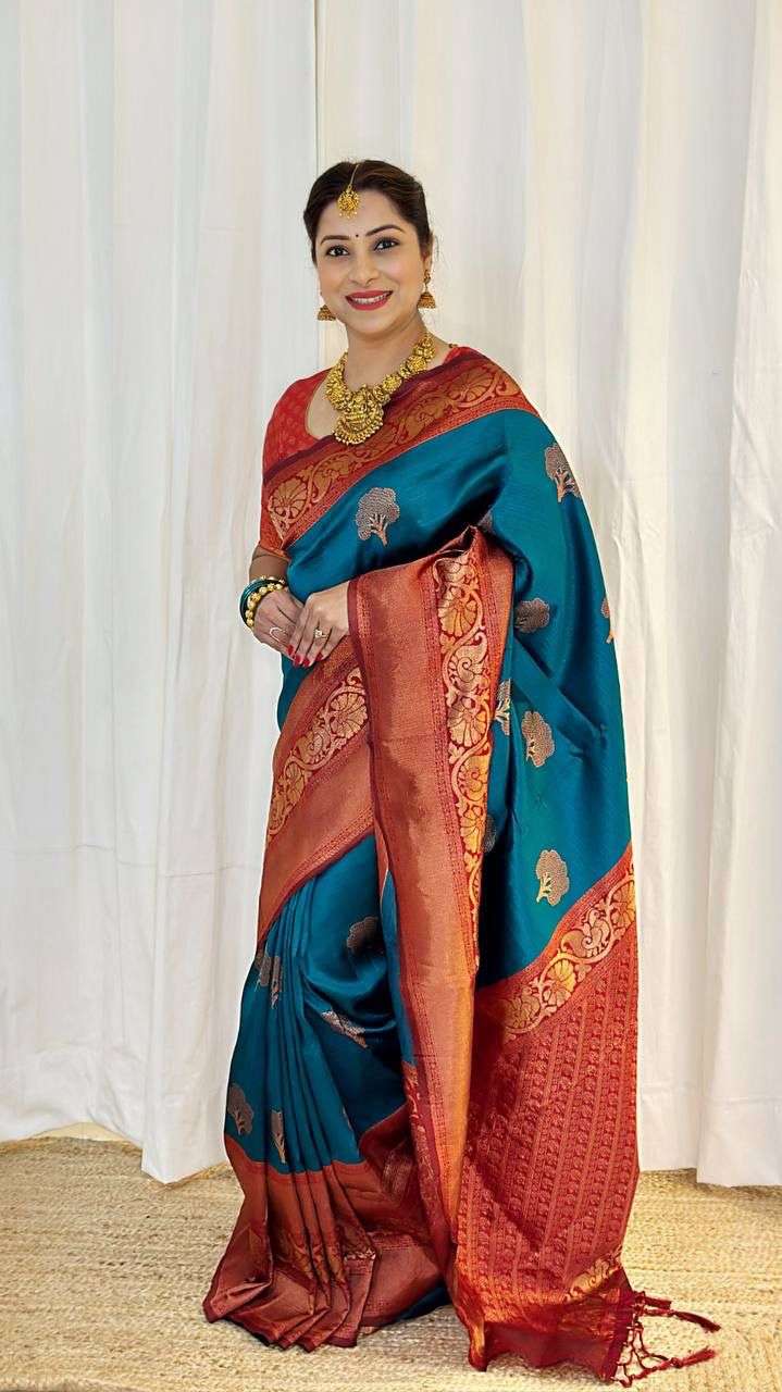 Wedding Look Rama color Banarasi silk with Weaving design sa...