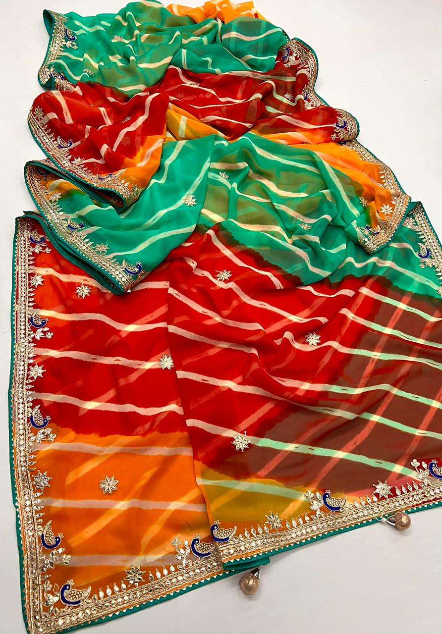 Jaipuri Laheriya design Heavy Border Georgette fabric Festiv...