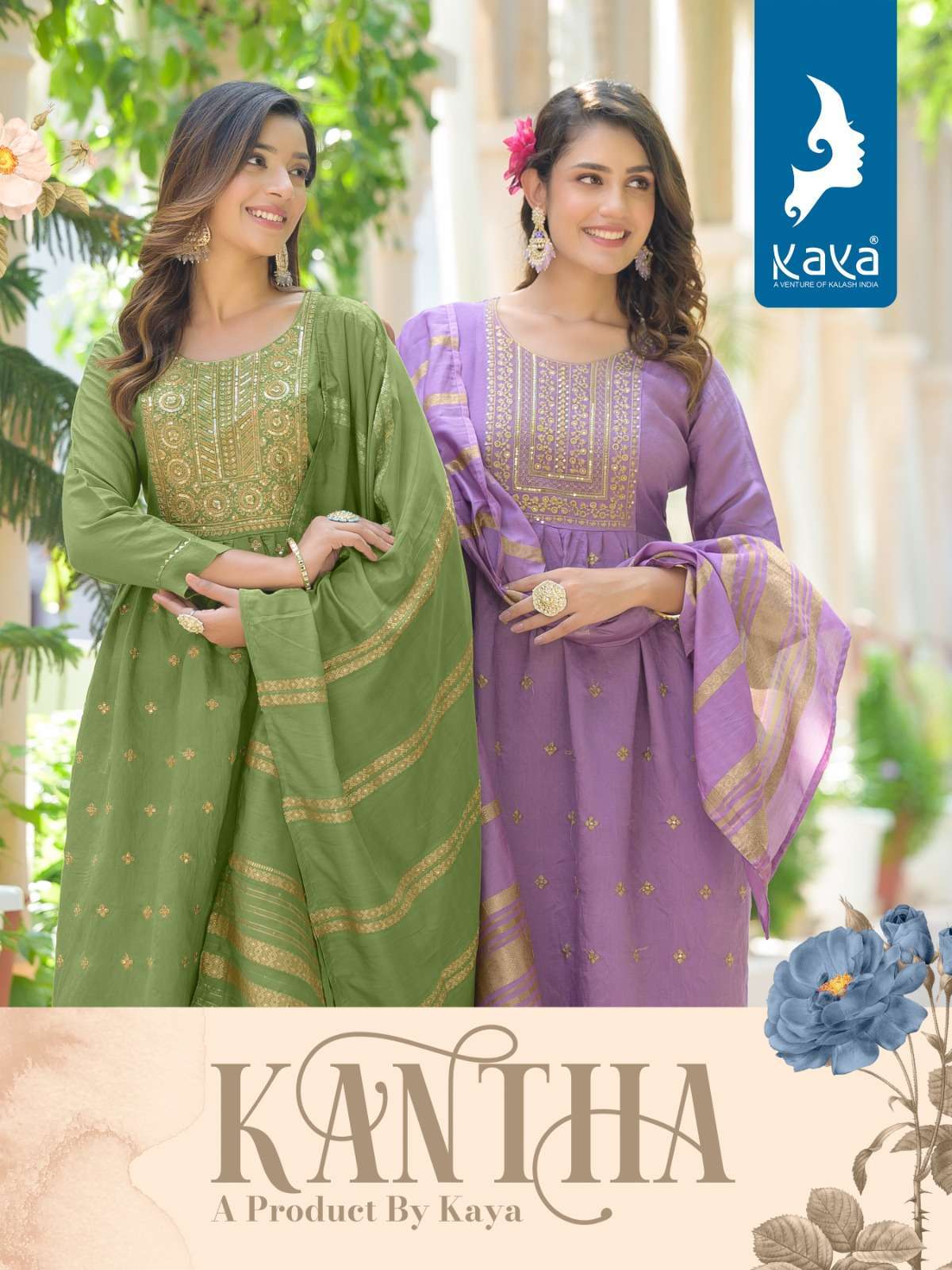 Kaya Kantha Viscose silk with fancy Naira cut Readymade suit...