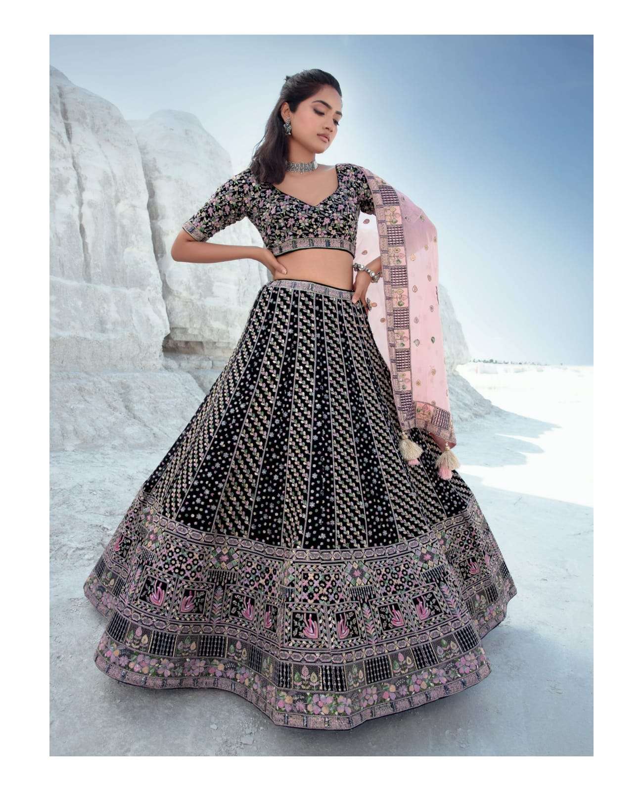Black Georgette Semi-Stitched Lehenga and Unstitched Blouse With Dupatta -  ShopGarb - 4083270