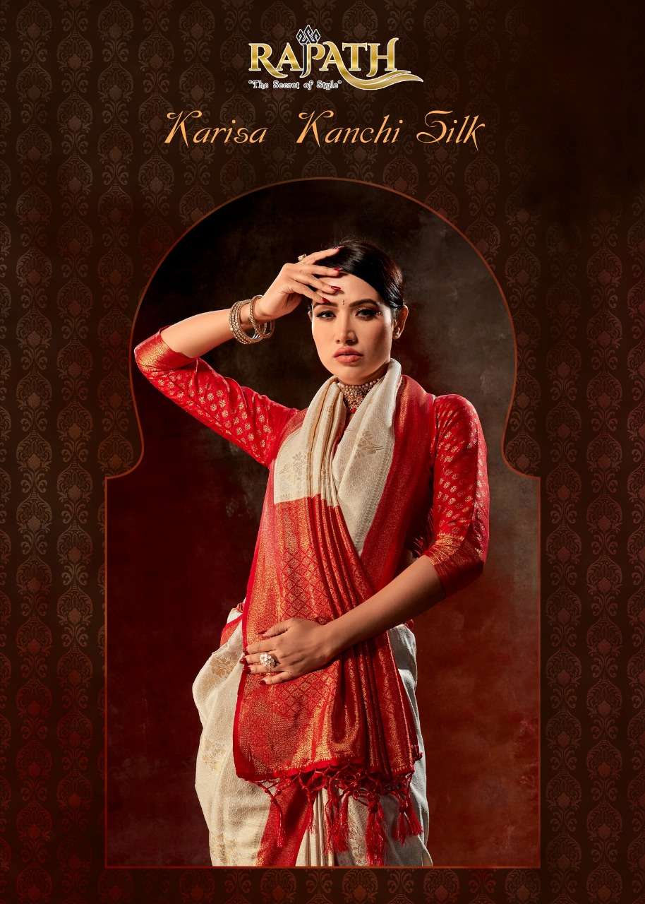 Rajpath Karisa Kanchi silk with Red & white Durga Puja Speci...