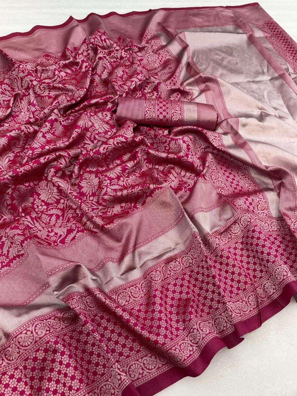 Traditional Look Dark Pink color banarasi silk saree with we...