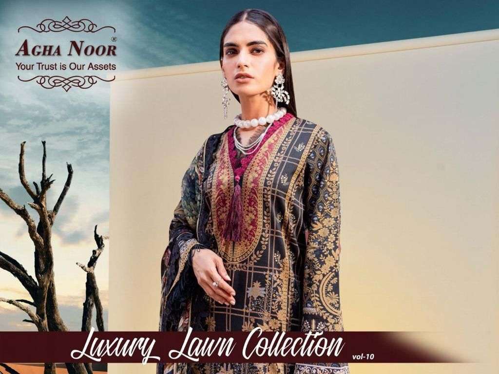 agha noor vol 10 Lawn cotton with printed Pakistani suits co...