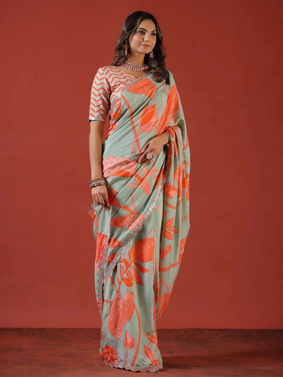 Vichitra silk with Designer Flower printed Sequence work  Bo...