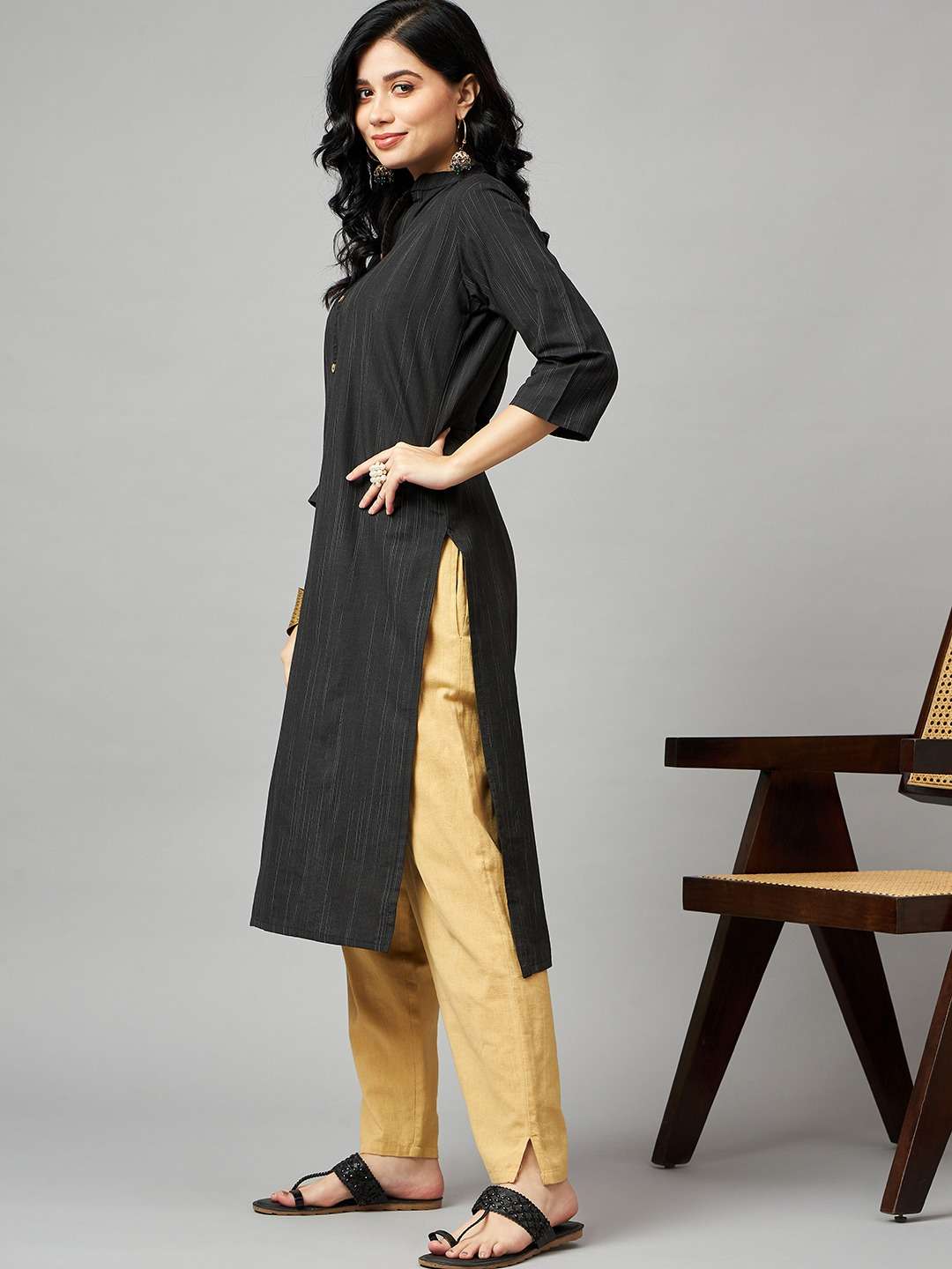 Black color fancy Chanderi Silk with Regular wear Kurti coll...