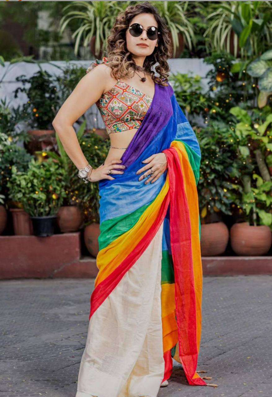 Festival Special Linen With RAIBOW color Saree collection at...