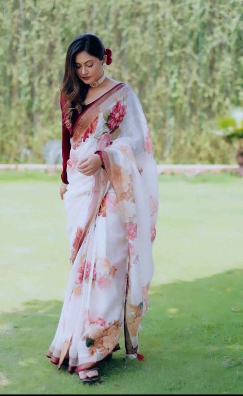 Latest Linen With Flower Printed fancy saree collection at b...