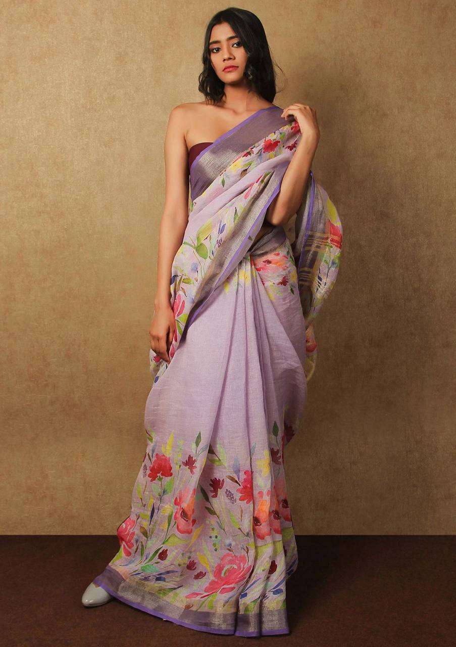 Soft Linen Silk with Zari Weaving Design Printed saree colle...