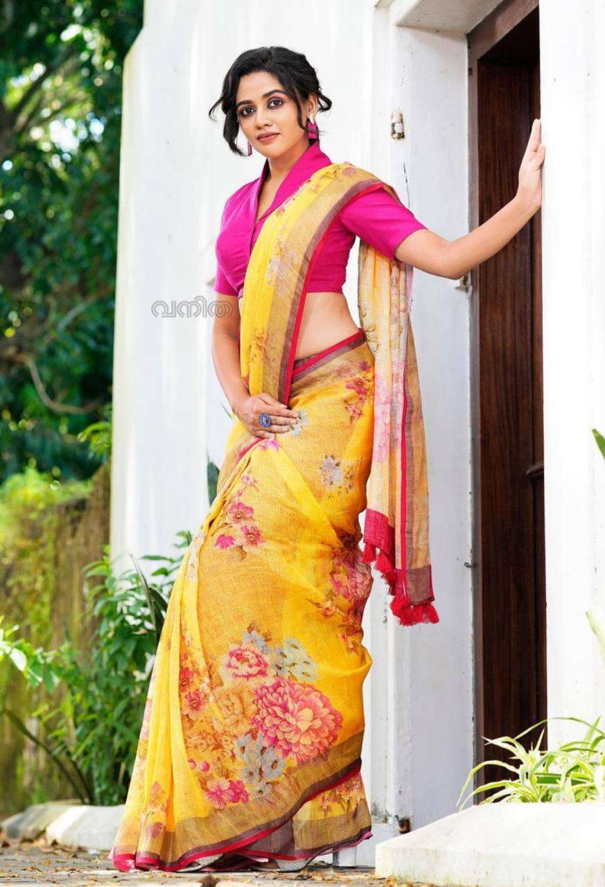 Festival Special Yellow Linen with Flower Printed Fancy sare...
