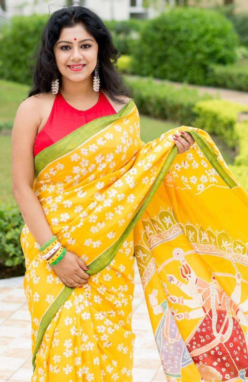 Yellow Color Linen with digital Printed Fancy saree collecti...