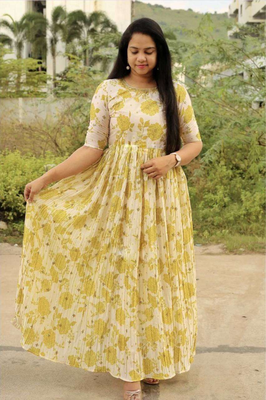 Yellow With White Georgette with Fancy look Long Gown Style ...