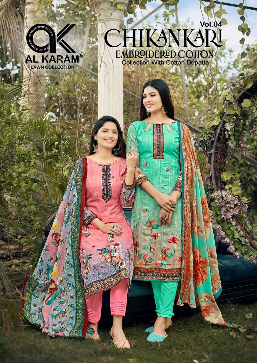 AL KARAM CHIKANKARI VOL 4 Cotton with Printed Pakistani salw...