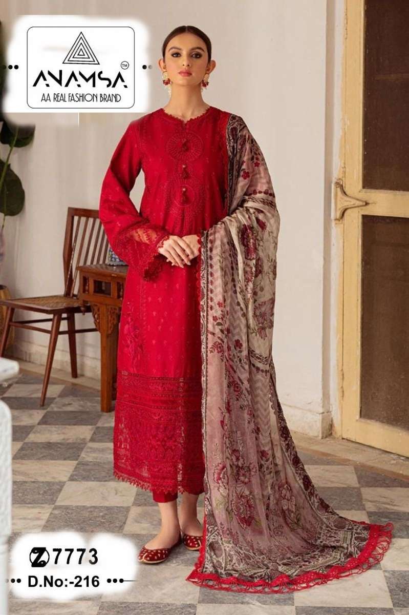 Anamsa 216 Jam Cotton with Embroidery work Red color Pakista...