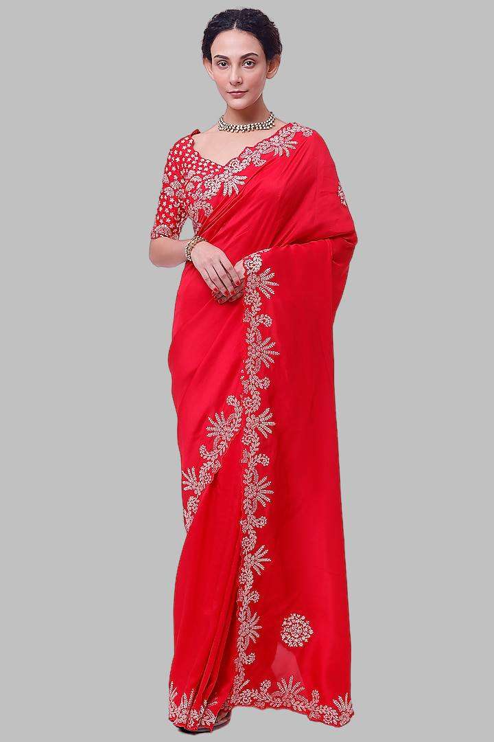 Chinon Silk with Embroidery work Border Red Colour Saree col...