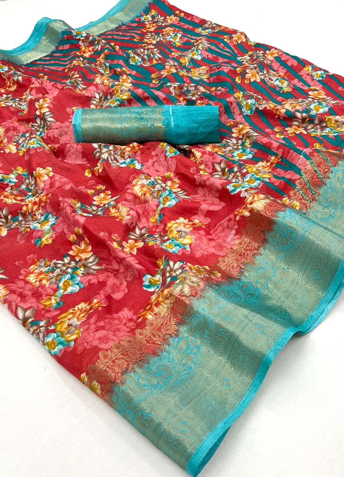 Flower Printed Dola Silk with Jaacquard Border saree collect...