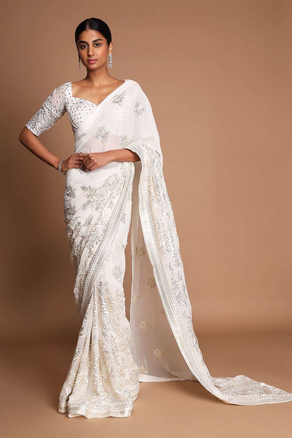 Georgette with Embroidery work White color Bollywood style s...