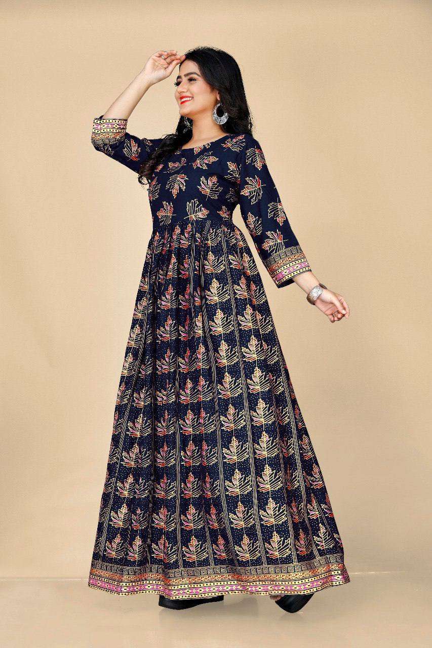 HEAVY RAYON FOIL PRINT ANARKALI STYLE KURTIS IN DIFFERENT CO...