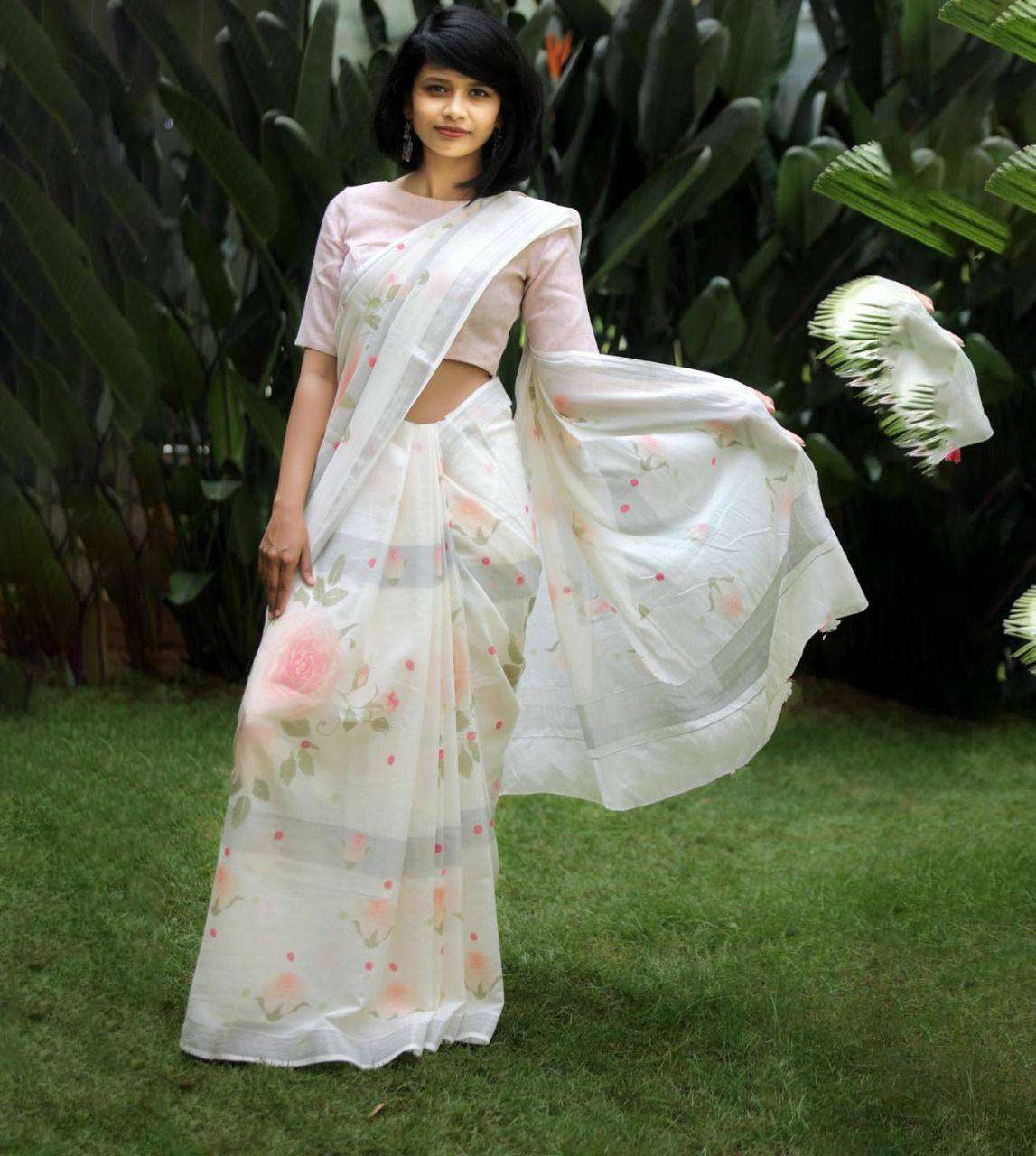 Latest Digital Flower Printed Linen Saree collection at best...