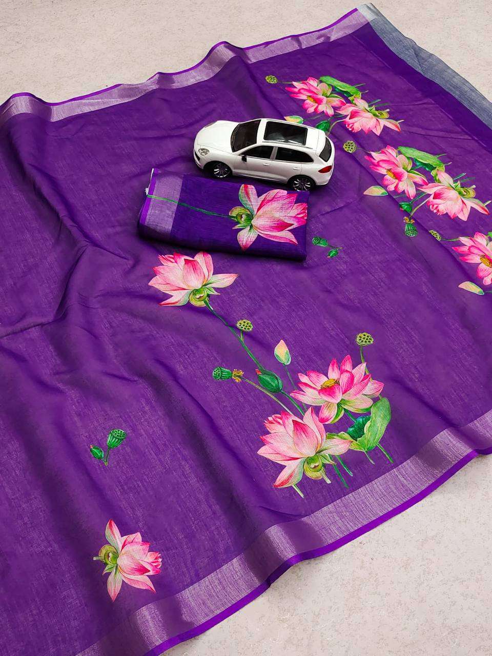 Linen With Digital Big Flower Printed Saree collection at be...