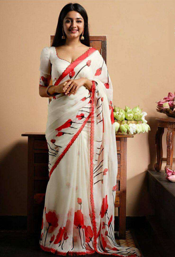 Linen with Red Flower printed fancy party wear look saree co...