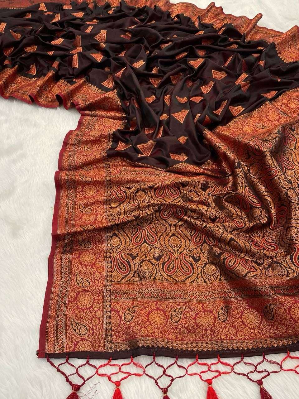 Satin banarasi silk with Weaving Design Wine shades Saree co...