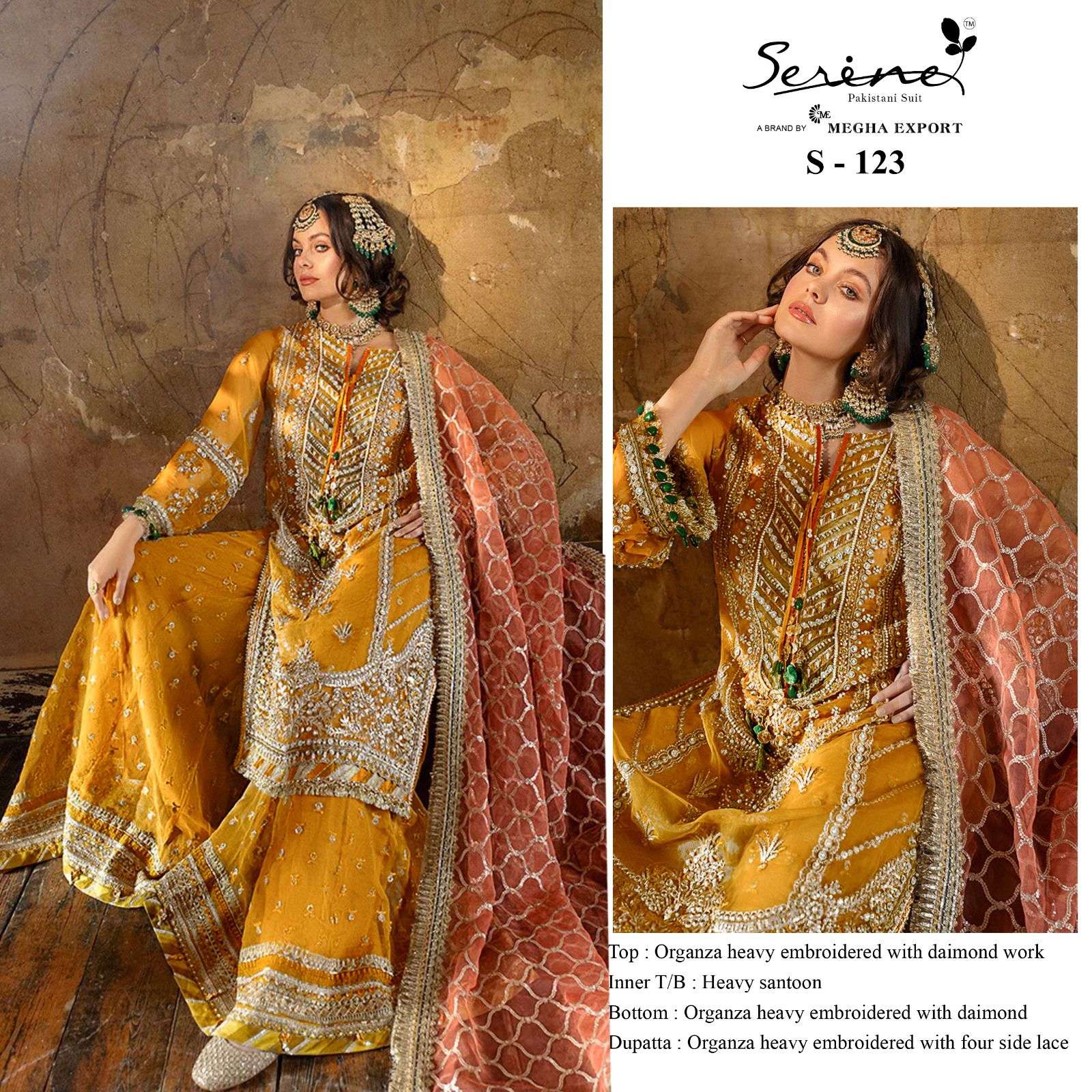 Serine 123 Organza With Embroidery work Yellow Color Pakista...