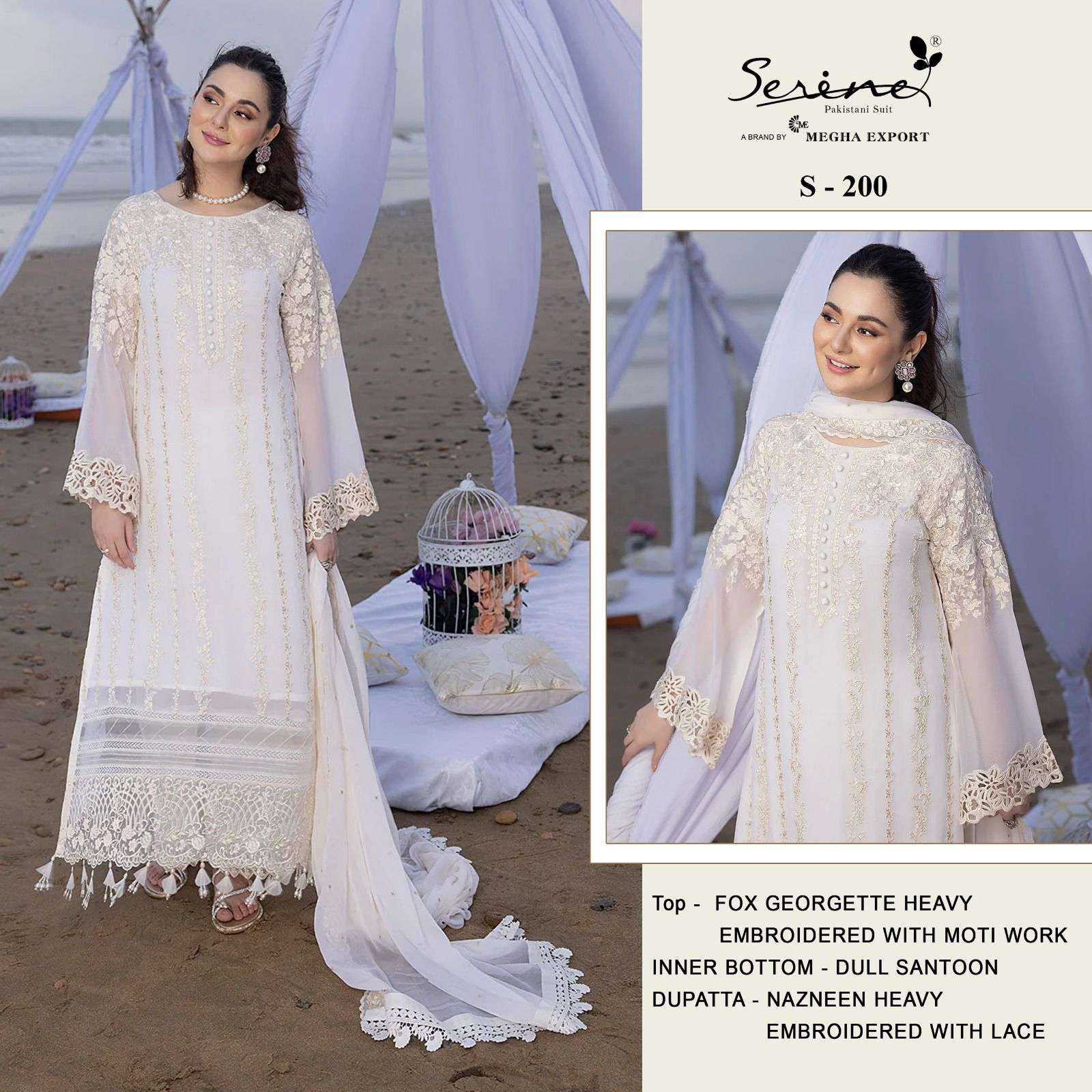 SERINE 200 Georgette with Embroidery Moti Work White Color P...