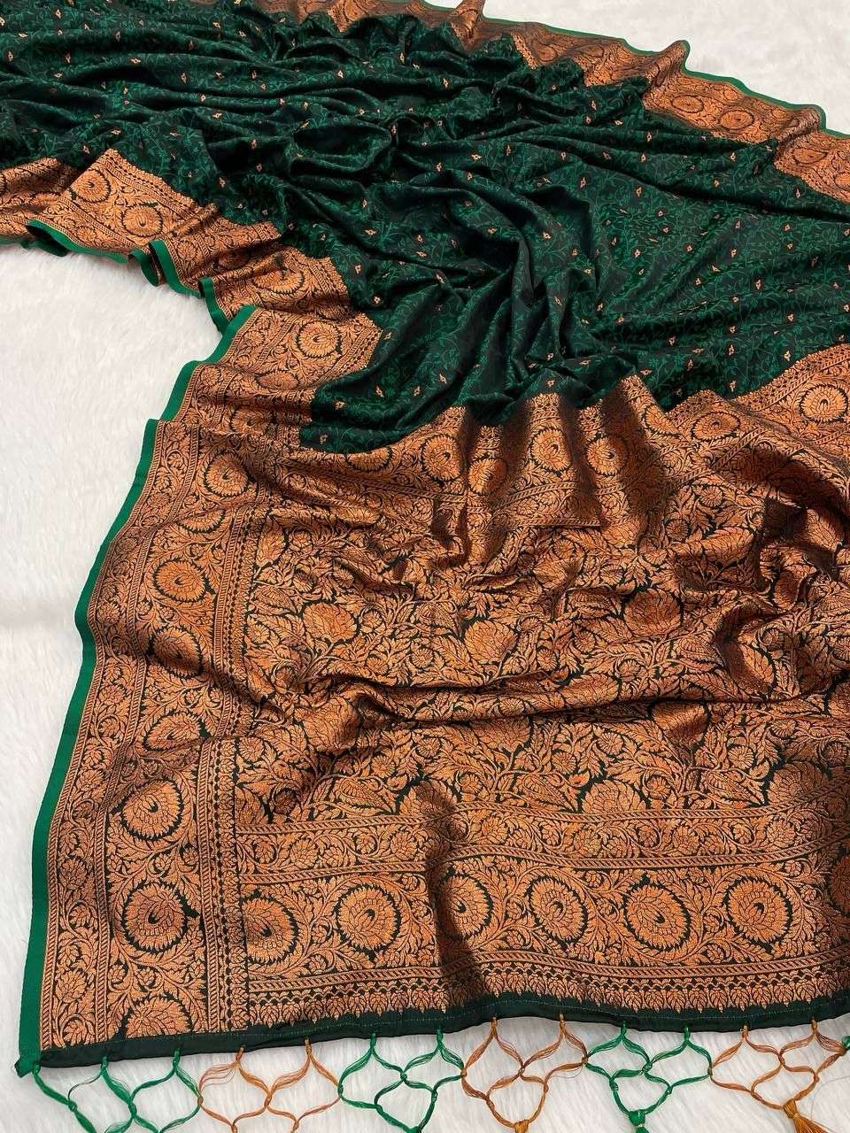 Soft Satin Banarasi silk Dark Green color with weaving Desig...