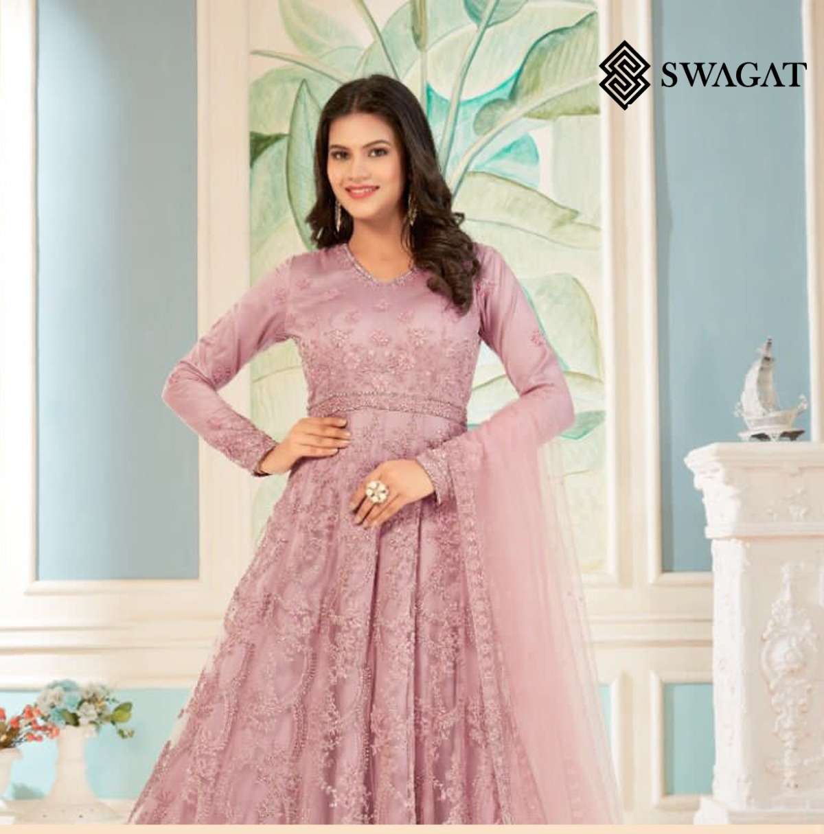 Swagat 1001 Series Net with Heavy Embroidery work designer s...