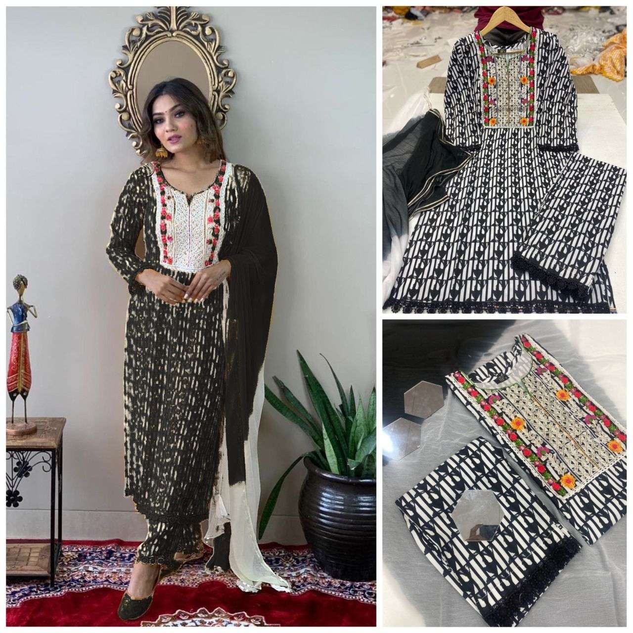 Tringal Rayon cotton with Embroidery work Readymade suits co...