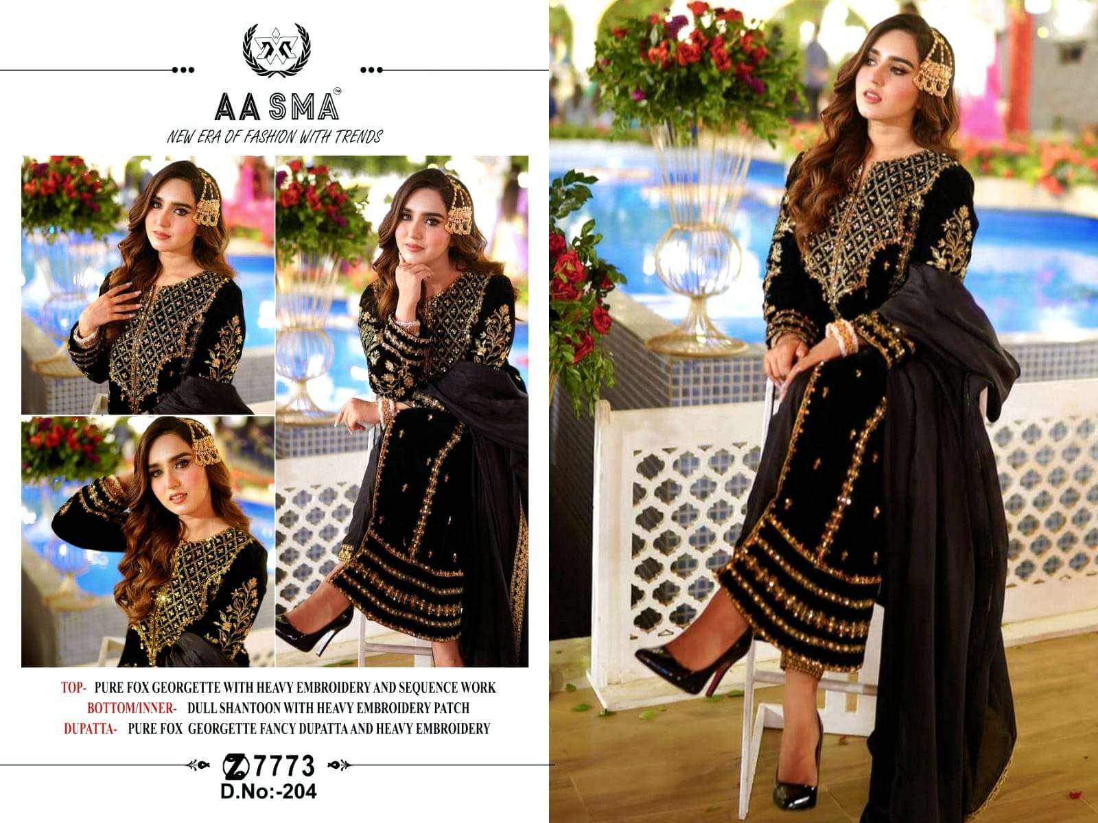 AASMA 204 Georgette with Embroidery work Balck colour Pakist...