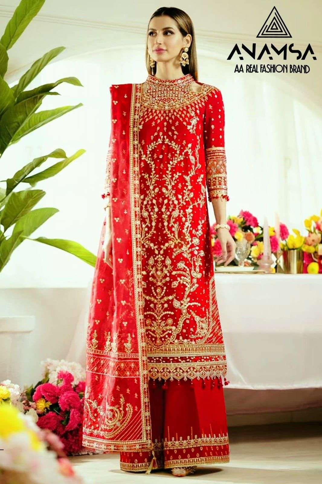 Anamsa 283 Georgette with embroidery work Red color Designer...