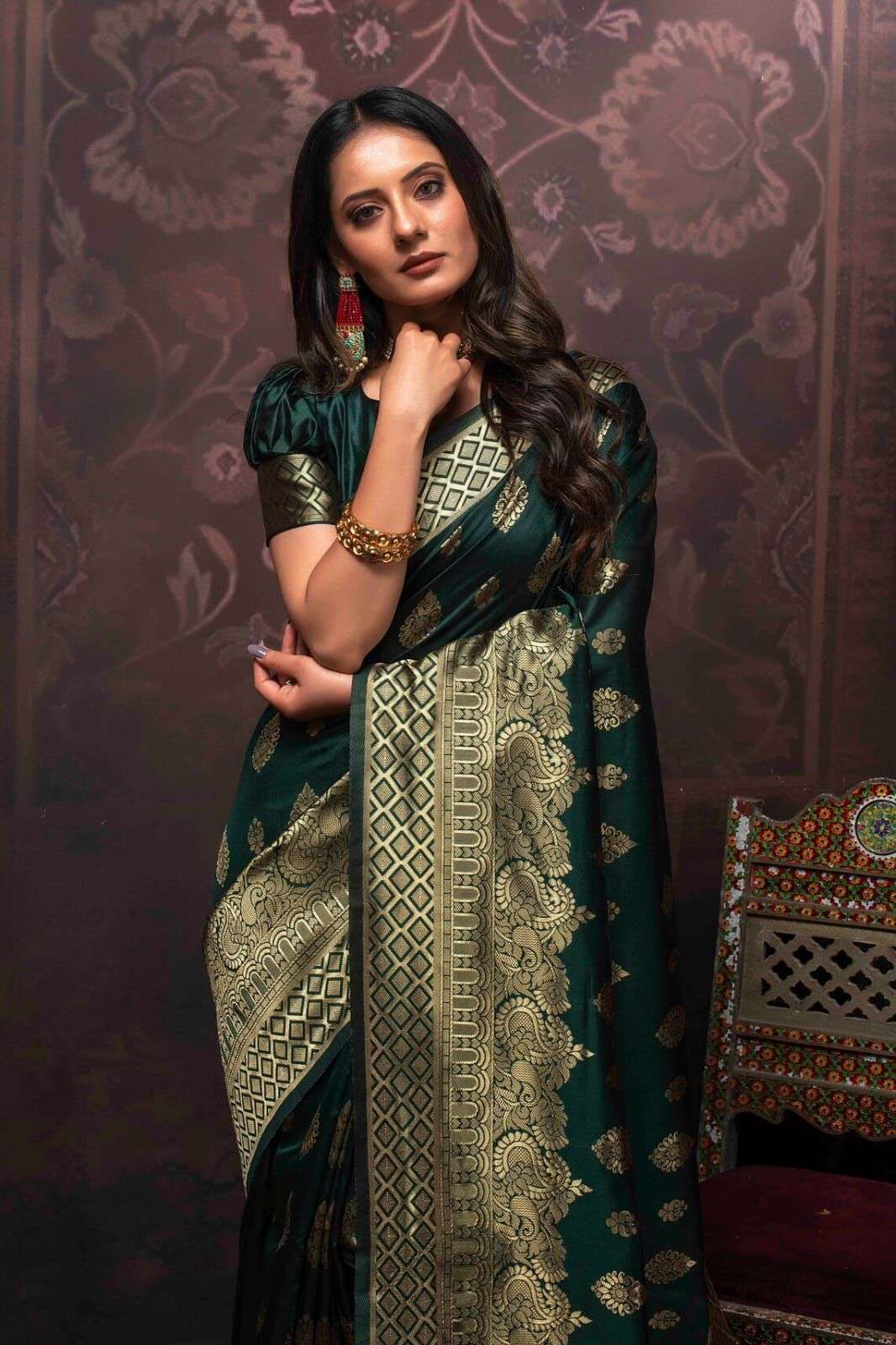 Banarasi Soft Silk with Weaving Design Green colour saree co...