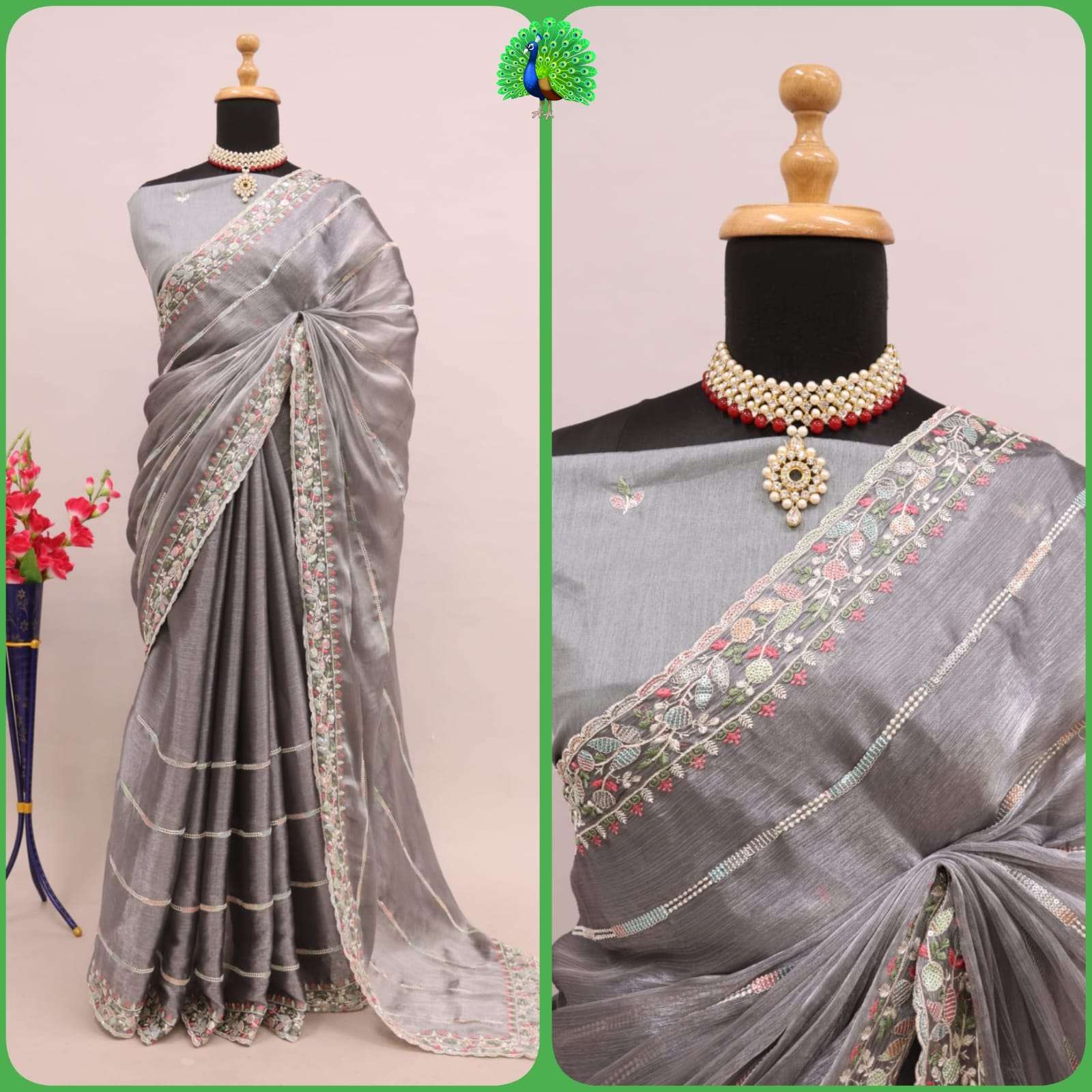 Fancy fabrics with Embroidery work Party wear saree collecti...