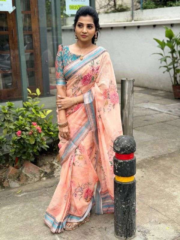 Flower printed Linen silk with Fancy look saree collection a...