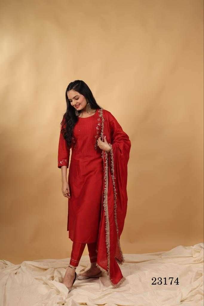 indira 23174  Chanderi Silk Red colour with fancy Neck work ...