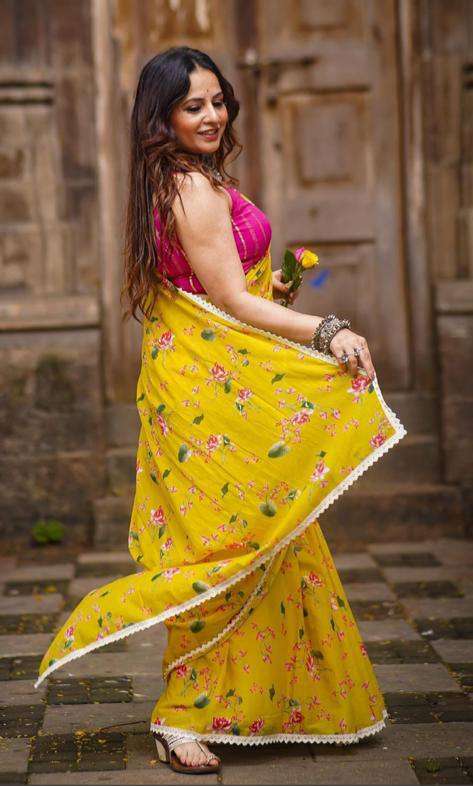 Linen with flower printed yellow colour saree collection at ...