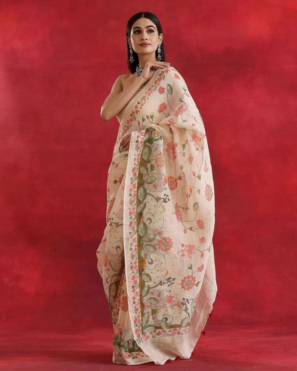 Party wear look Linen with Flower Printed Saree collection a...