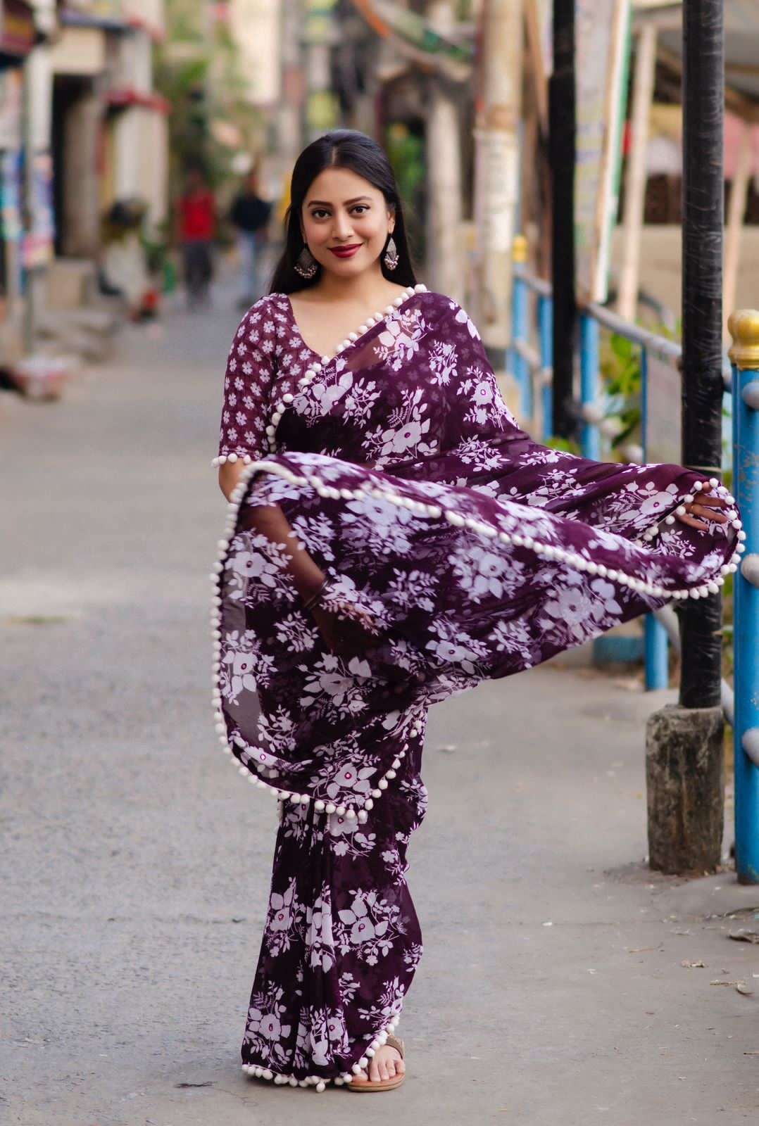 Pum pum Border Georgette fabrics fancy flower printed saree ...