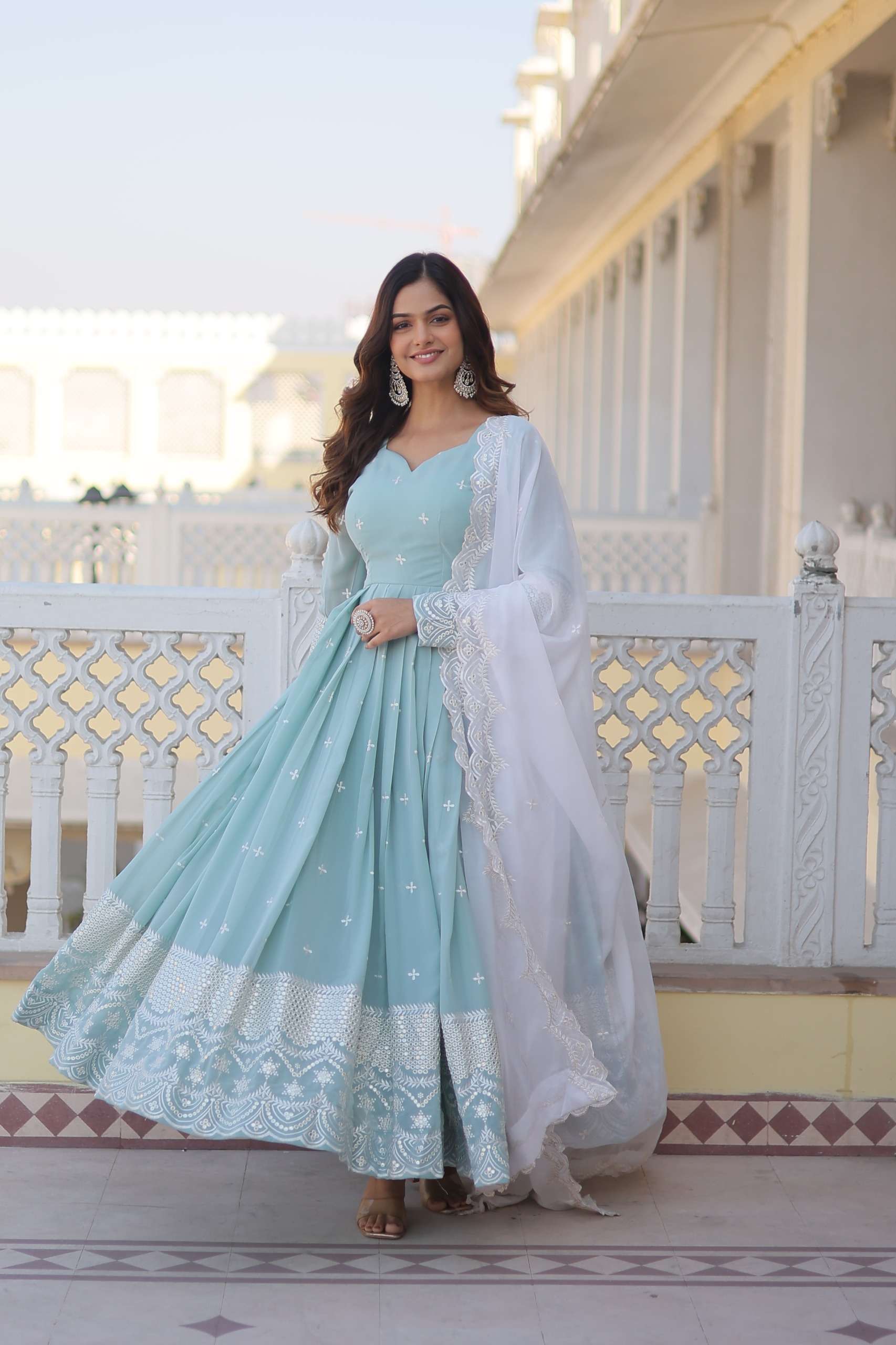 Royal look Sky blue Shades Georgette with embroidery work re...