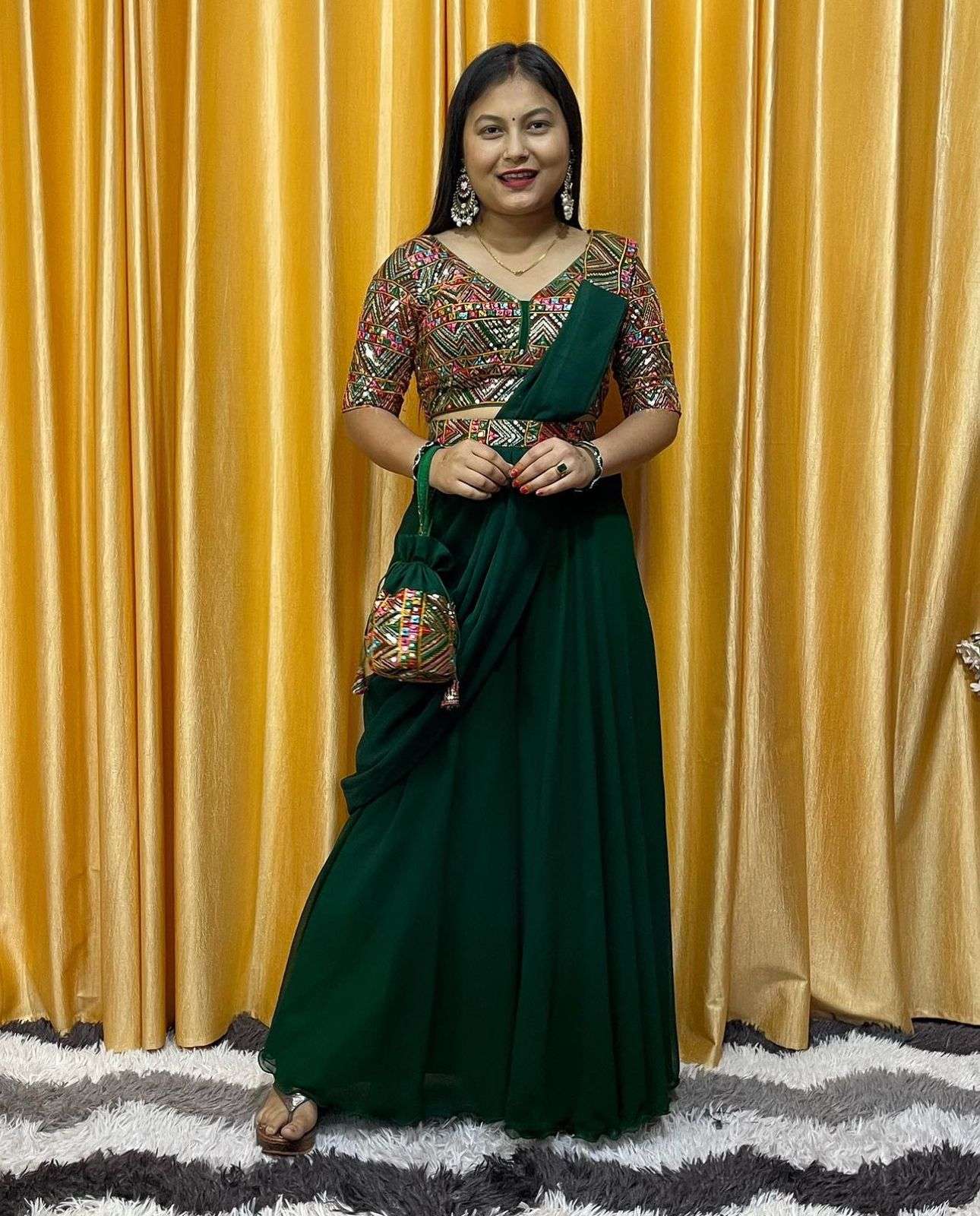 Traditional Function Special Georgette with Green Colour Pla...