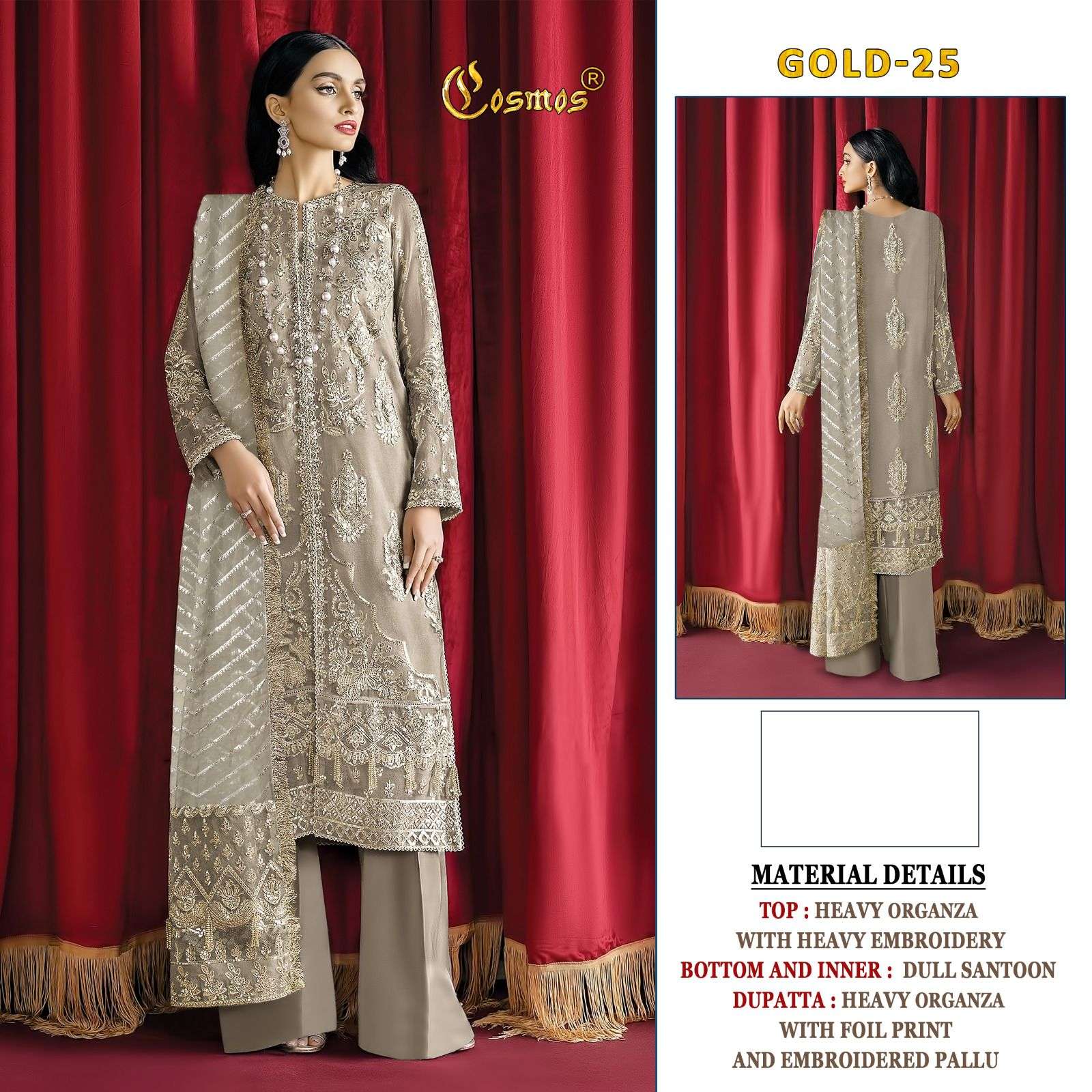 Cosmos Gold vol 25 organza with embroidery work pakistani sa...