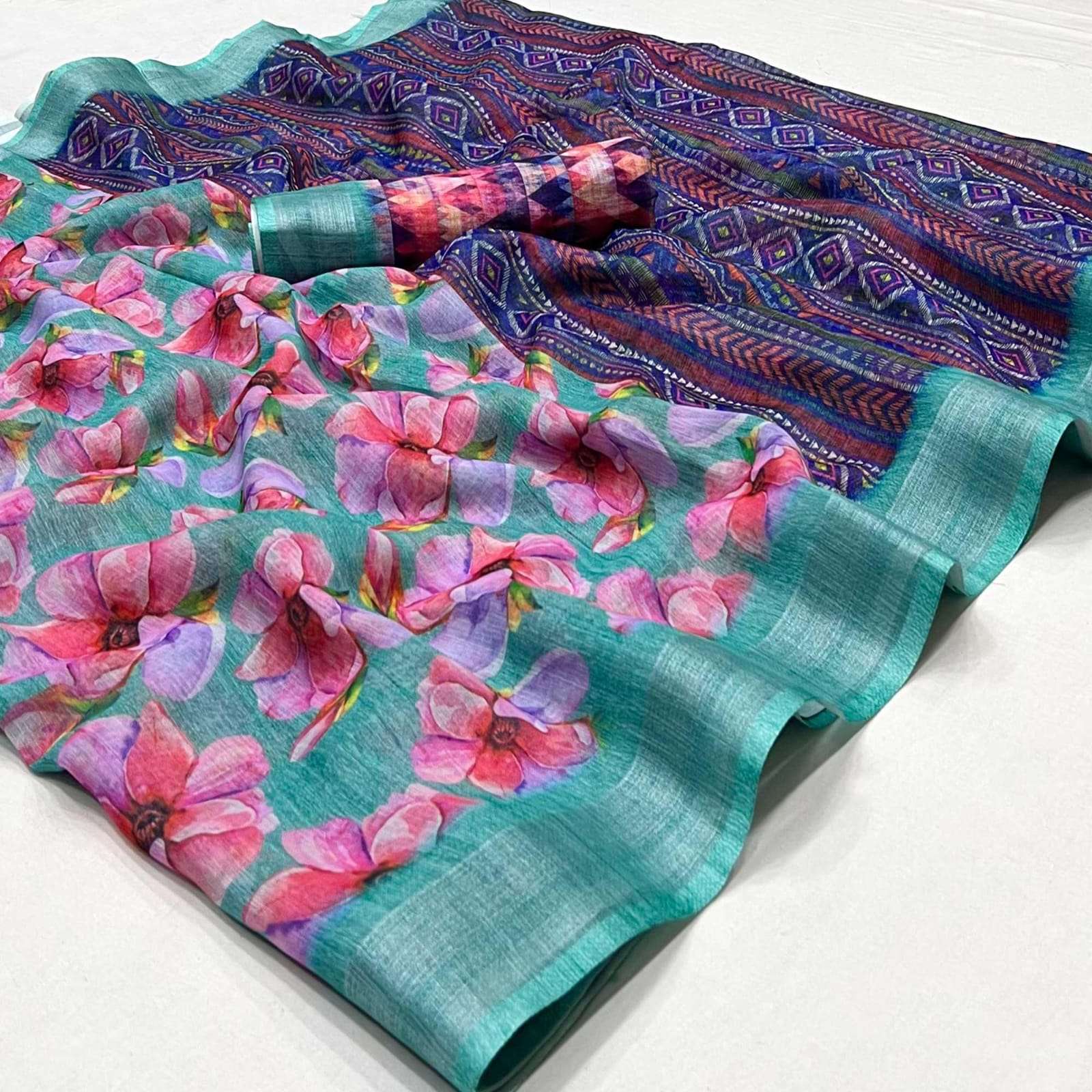 FLOWER PRINTED LINEN FABRICS PARTY WEAR SAREE COLLECTION AT ...